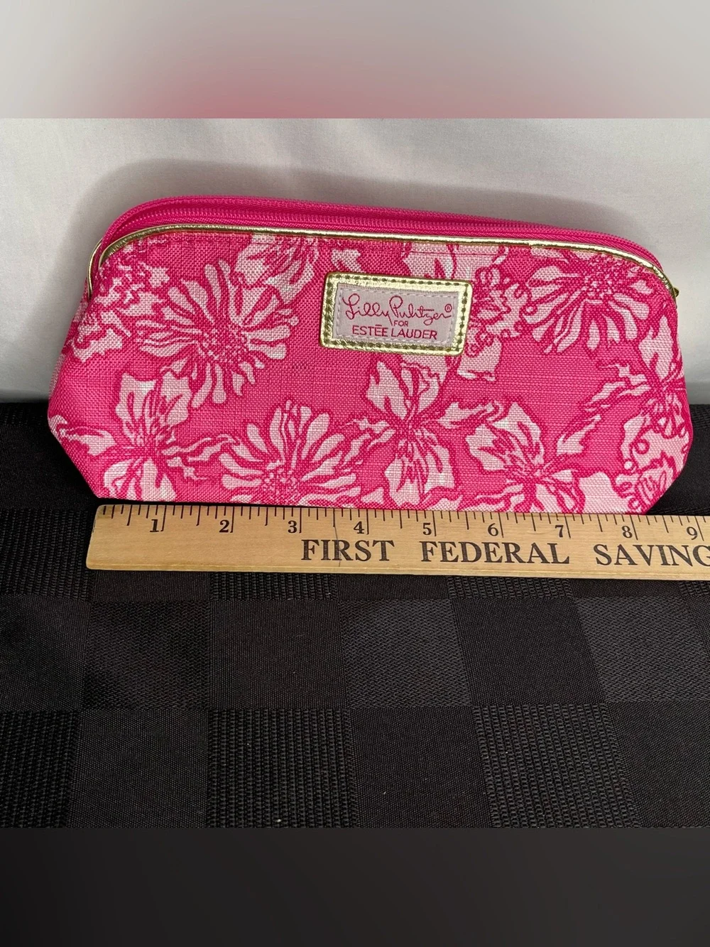 Lilly Pulitzer for Estee Lauder Pink Floral Cosmetic Bag with Gold Trim